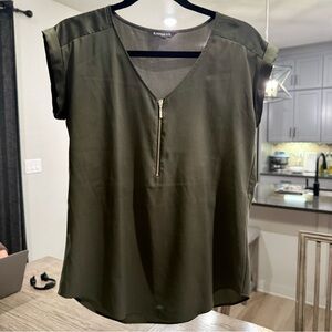 Express Olive Green V-Neck Zip-Front Blouse